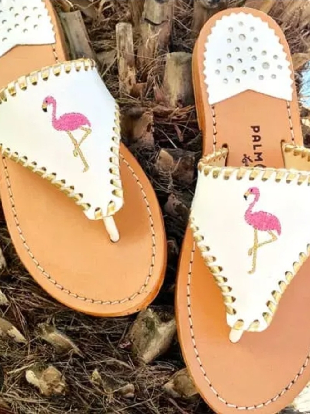 Jack Rogers Palm Beach Flamingo Embroidered Leather Thong Sandals - White/Pink
